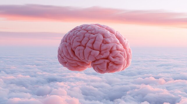 Suspended human brain floating gently amidst a tranquil cloudscape, reflecting a soft, pastel pink sunset, representing abstract thought and mental clarity