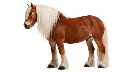 Chestnut draft horse with long white mane and feathered hooves standing sideways © darietta