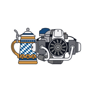 Ceramic beer stein next to a mechanical engine component on white background
