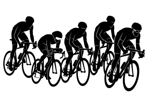 Group of professional cyclists racing on road bikes in silhouette with cycling race