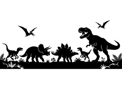Dinosaur group silhouette in prehistoric jungle landscape with t-rex triceratops and pterodactyl