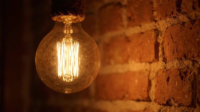 Warm glowing vintage Edison bulb illuminates a rustic brick wall.