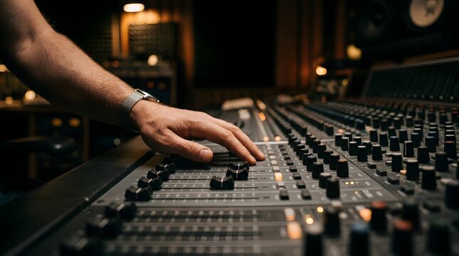 Audio Engineer Adjusting Faders on Professional Mixing Console in Studio