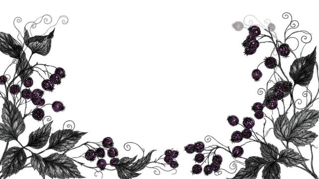 Elegant Berry Branch Flourish Animation Black and White Botanical Border