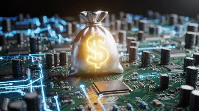 Glowing dollar sign money bag on a high-tech circuit board, symbolizing digital finance.