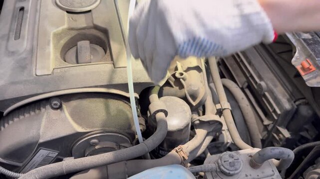 Mechanic checking car oil dipstick under open hood during engine maintenance.