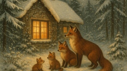 Fototapeta premium Cozy winter fox family desktop wallpaper