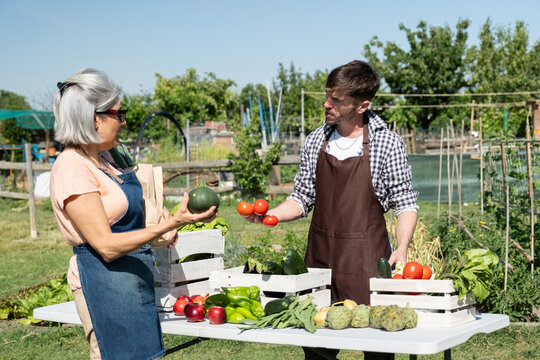 Man selling fresh organic produce to senior woman at an outdoor market stall