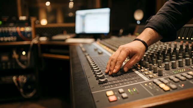Audio engineer adjusting faders on a professional mixing console board