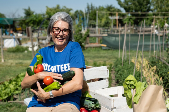 Senior woman proudly holding freshly picked vegetables, smiling in a community garden