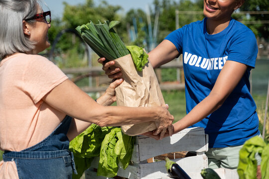 Volunteer giving fresh vegetables in a paper bag to a senior woman