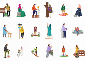 Fototapeta premium Set of vector illustrations featuring diverse people in various outdoor activities, including gardening, sitting on benches, and enjoying nature on white background.