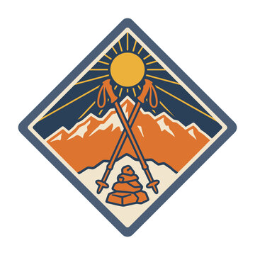 Retro mountain badge with hiking poles and peaks in flat design
