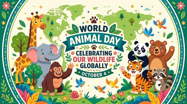 World animal day colorful celebration banner with diverse wildlife on world map wildlife conservation animal welfare nature awareness ecosystem