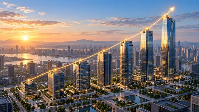 Illuminated upward trend line pointing to modern skyscrapers at sunrise symbolizing real estate growth and urban economic development
