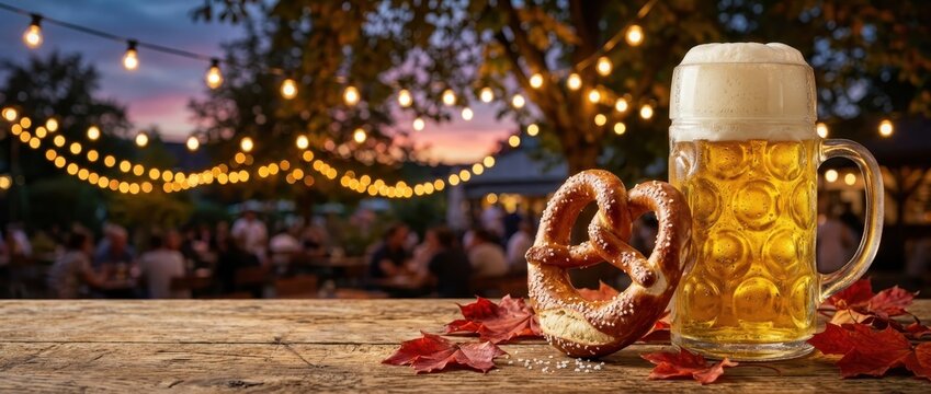 Oktoberfest Celebration Background with Beer Stein and Pretzel on Wood Table at Dusk