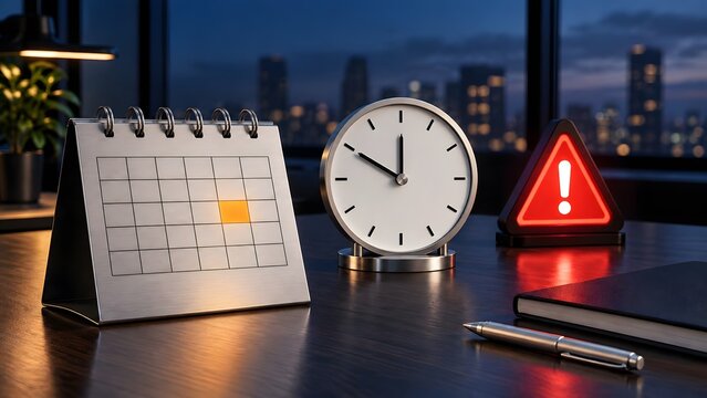 Corporate office desk at night with calendar clock and glowing red warning alert symbolizing urgent business deadlines and overtime work