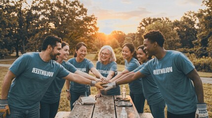 Fototapeta premium Volunteer team joins hands in circle around picnic table at sunset in park