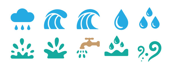 Obraz premium Water drop and weather splash icon set in blue and green for environmental branding concepts.