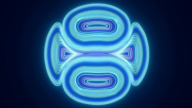 Symmetrical neon contour loops pulse through cyan, blue, violet and magenta hues, forming stacked rounded shapes with side lobes centered against a deep navy background