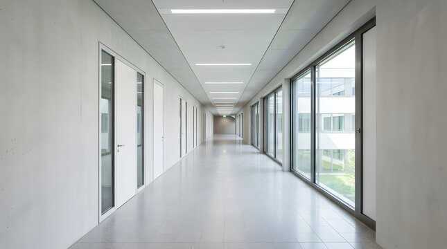 Empty modern office corridor with white walls and glass windows