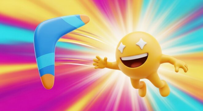 Happy cartoon character with boomerang in colorful background.