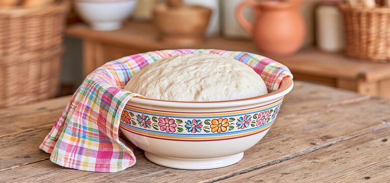 Soft bread dough gently rising in a ceramic bowl wrapped in a vibrant cloth on a wooden surface.