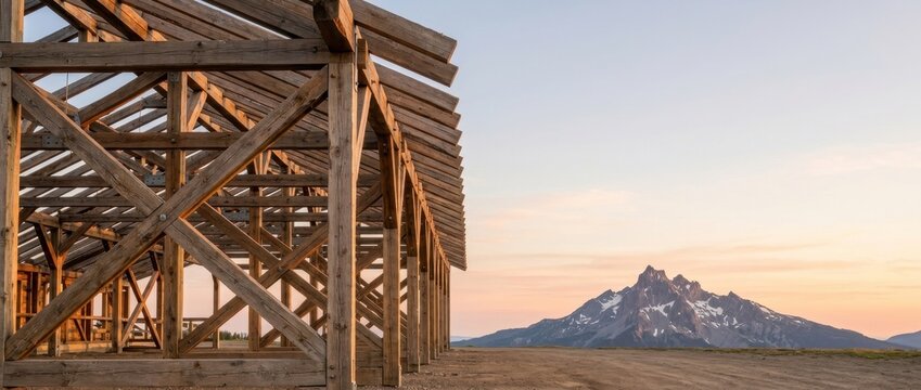 Wooden structural framing of an unfinished building overlooking a scenic mountain peak at sunset