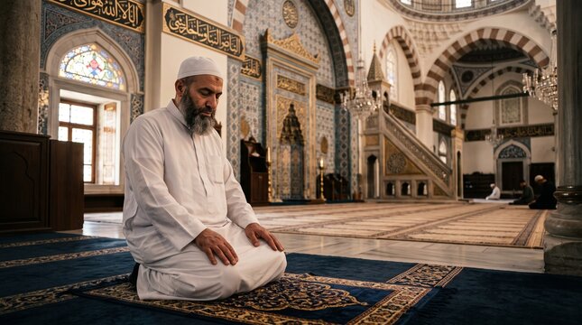 faithful muslim male performing prayer in peaceful decorated mosque generative ai  
