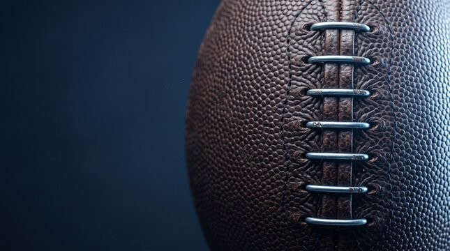 Macro texture of pebble-grained American football leather laced with rigid industrial steel wire in cold blue light, extreme athletic resilience and toughness concept with copy space