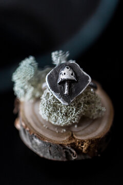 Silver ring with a mushroom design rests on a piece of wood surrounded by green lichen. The background is dark, highlighting the ring's details.