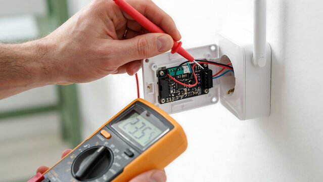 Electrician testing electrical wiring with a multimeter during equipment installation