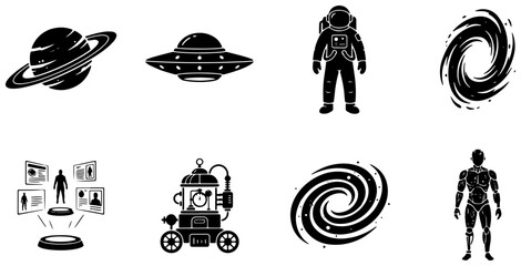 Cosmic Icons Set: Astronaut, UFO, Robot, Galaxy, Black Hole, Saturn, Futuristic Humanoid, Holographic Display Vector Graphics © Habib