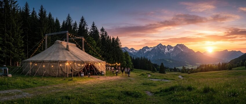 Large circus tent illuminated with warm fairy lights standing in a scenic mountain valley at sunset