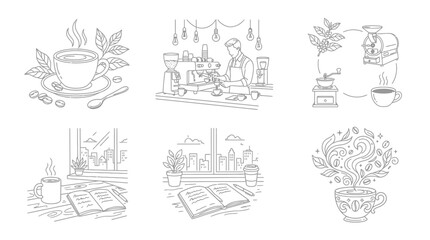 Naklejka premium Set of coffee themed line art illustrations on white background