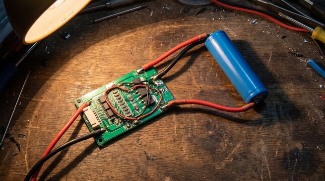 Conceptual top down flat lay macro of a BMS board connected to a lithium battery