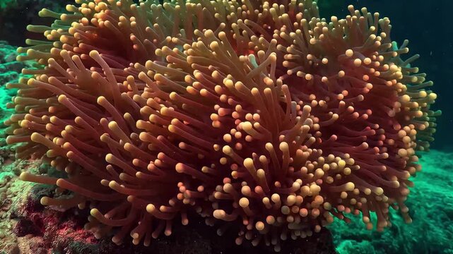 Vibrant clownfish peeking from its anemone home in clear ocean waters