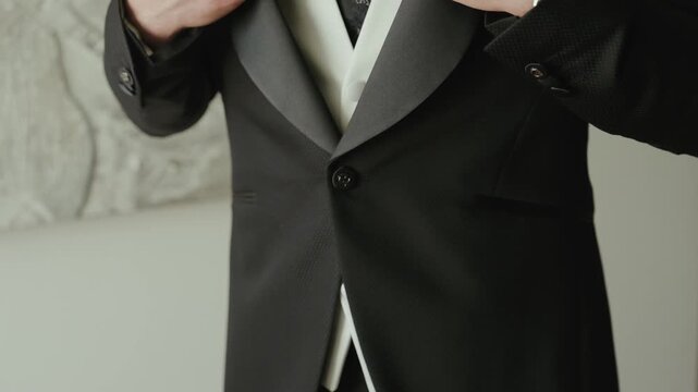 Groom getting dressed for wedding ceremony, adjusting his formal tuxedo jacket. Hands preparing elegant attire