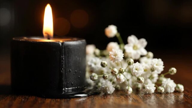 A lit black candle and delicate white flowers on a dark wooden surface.
