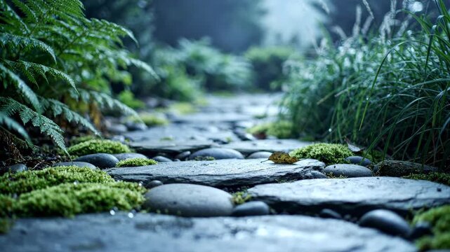 A serene stone path winding through a lush, mossy forest with ferns and soft light.