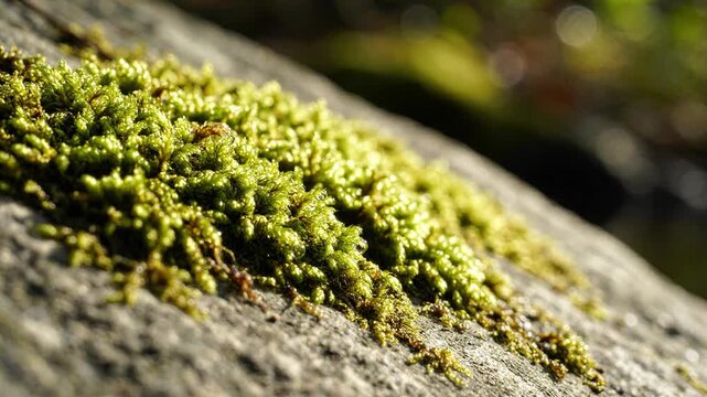 Vibrant green moss thrives on a textured rock surface, illuminated by sunlight.