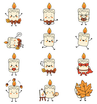 Cute cartoon candle characters with autumn leaves vector set