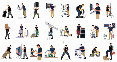 Fototapeta premium Comprehensive collection of flat vector illustrations featuring diverse male workers, event production crew, and maintenance staff performing various professional and manual labor tasks.