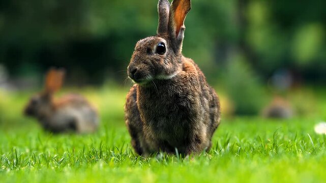 Close-up of a wild rabbit in lush green grass with soft bokeh background