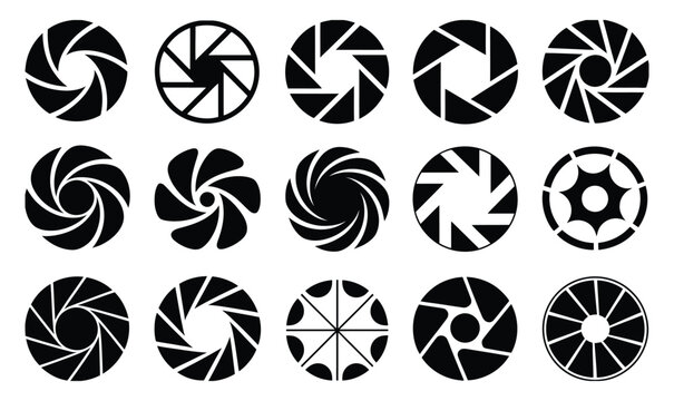 Camera lens diaphragm icon set, camera shutter symbols, aperture icons, photography symbols, optical equipment, vector illustration