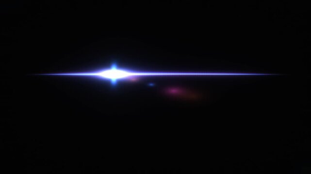 Anamorphic light streak glowing and shining horizontally across a dark background with vibrant blue illumination in a 3D visual effect animation