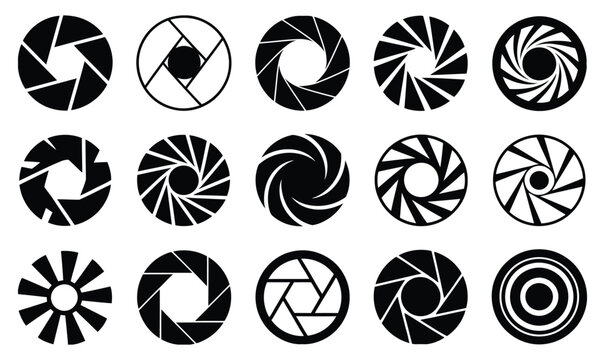 Camera lens diaphragm icon set, camera shutter symbols, aperture icons, photography symbols, optical equipment, vector illustration