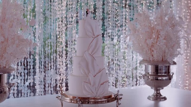Elegant multi tier white wedding cake with delicate fondant details and gold accents, standing on a decorative stand for a celebration