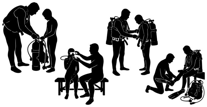 Scuba Diving Gear Preparation Set, Underwater Exploration Equipment Assembly, Ocean Adventure Safety Instructions, Vector Silhouettes