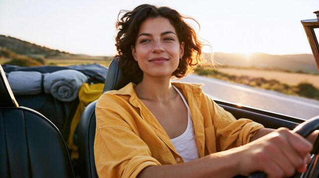The Convertible Car Drive at Sunset with a Confident Woman